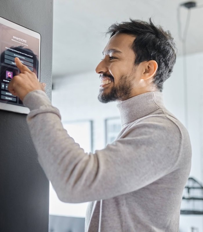 Smart home technology, wall system or man with digital dashboard screen for room lighting, safety s