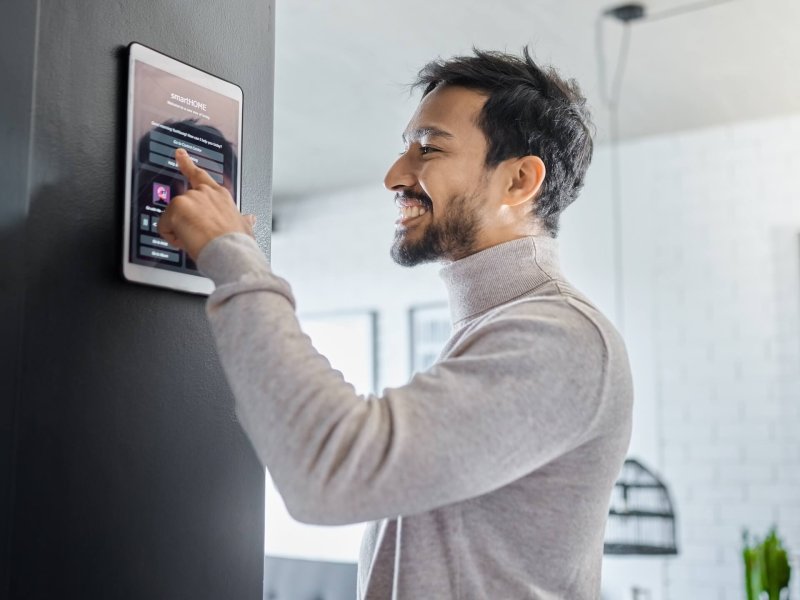 Smart home technology, wall system or man with digital dashboard screen for room lighting, safety s