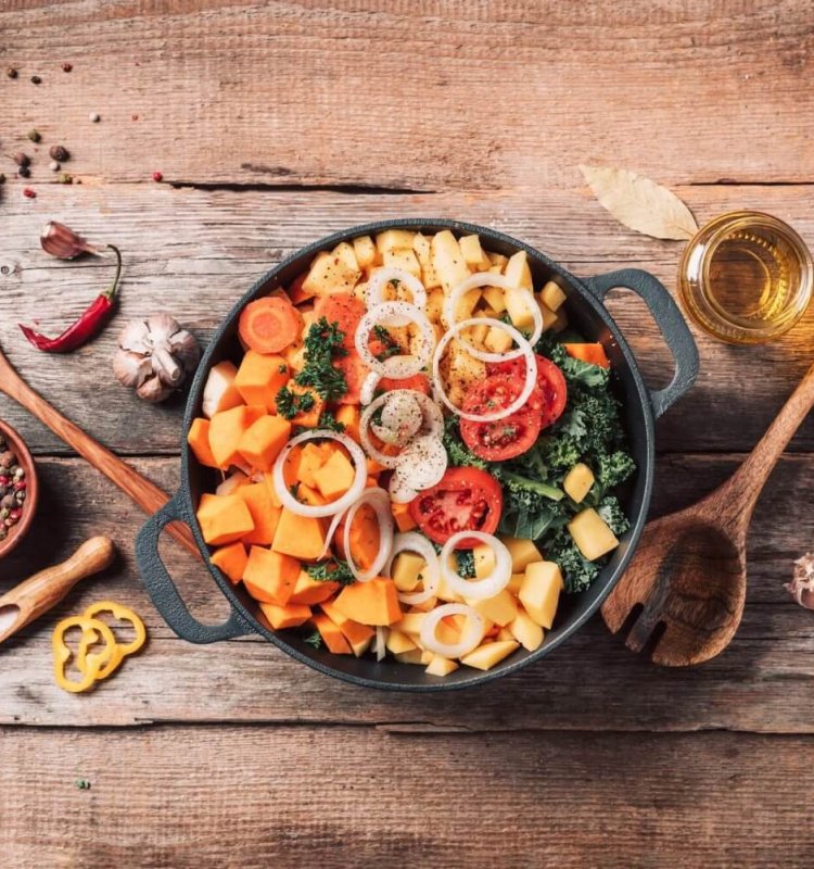 Organic vegetarian ingredients and kitchen tools. Healthy, clean food and eating concept. Top view