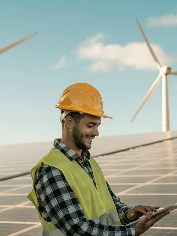 Young engineer watching on digital tablet the new green plan for alternative energy