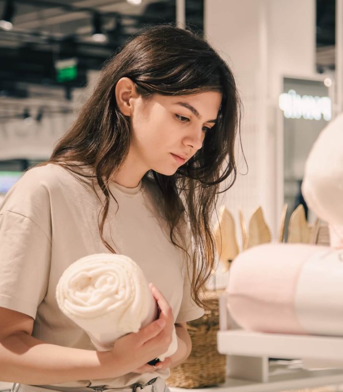 A young woman chooses blankets for a home interior in a home improvement store.
