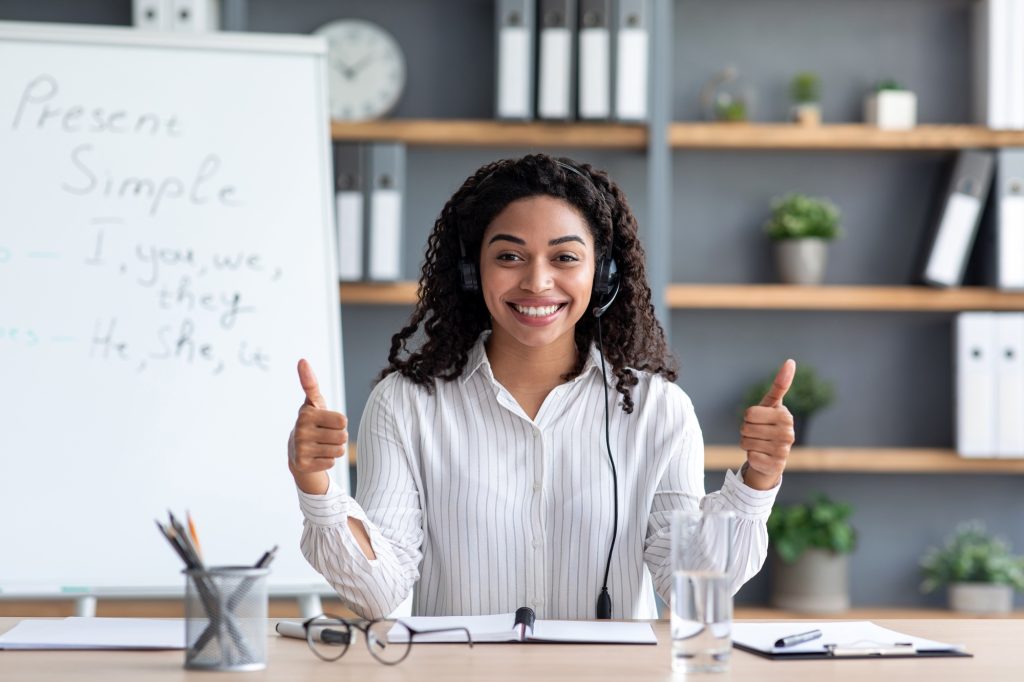 Online teacher, distant learning language, video call, recording vlog, covid-19