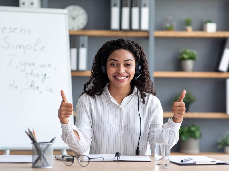 Online teacher, distant learning language, video call, recording vlog, covid-19