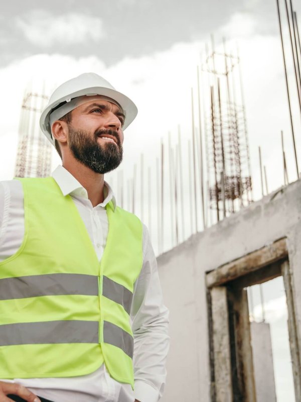 Confident contractor on construction site